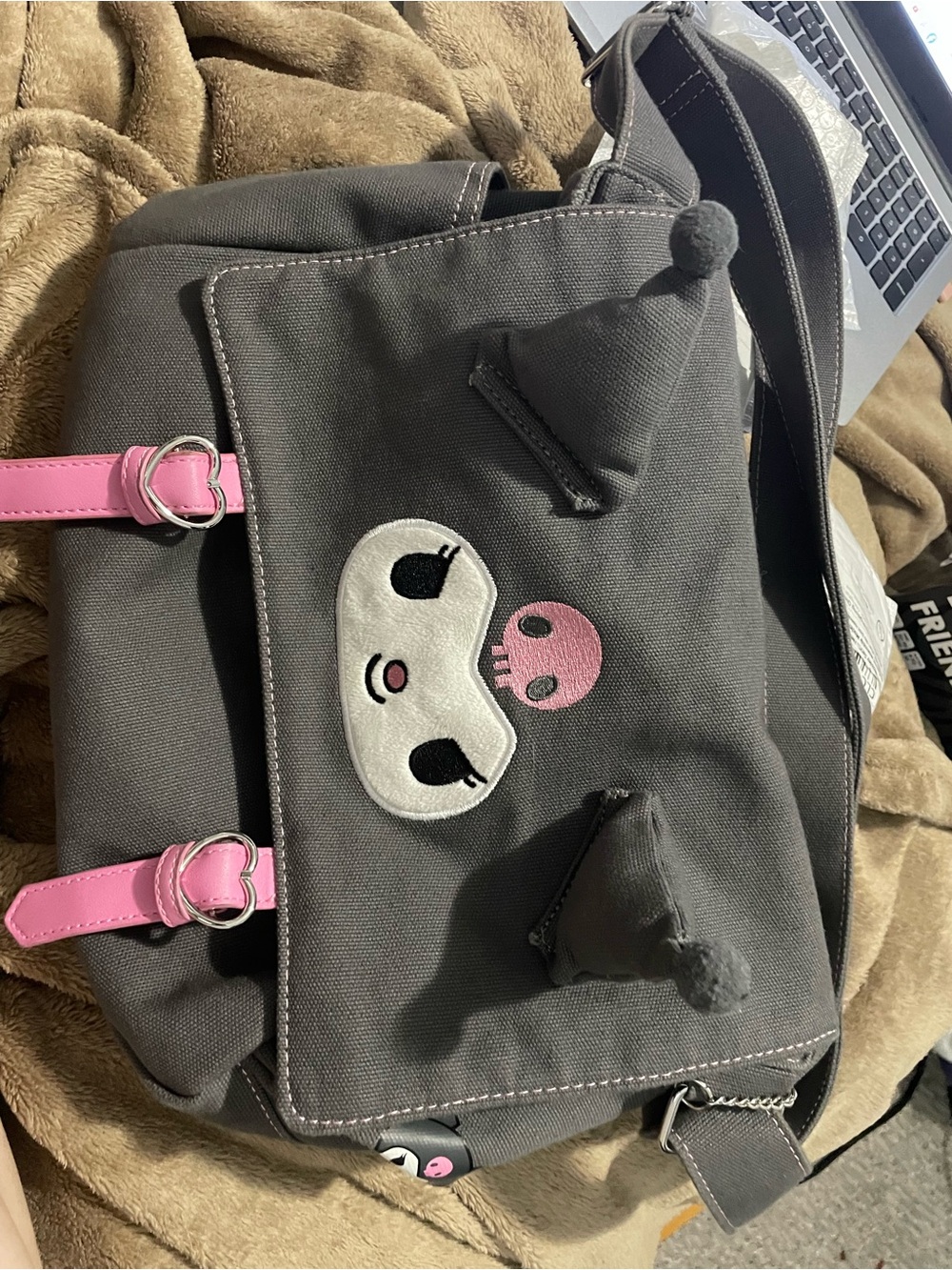 Hot Topic Gray Crossbody Bag with Pink Accents and Skull Patch